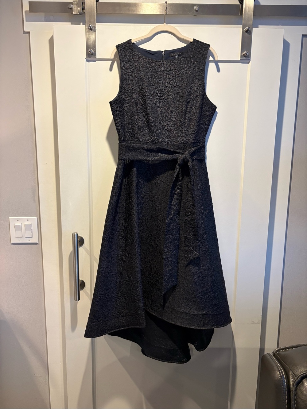 Dark Navy Textured Sleeveless Fit-and-Flare Dress with Waist Tie and Hi/Lo Hem